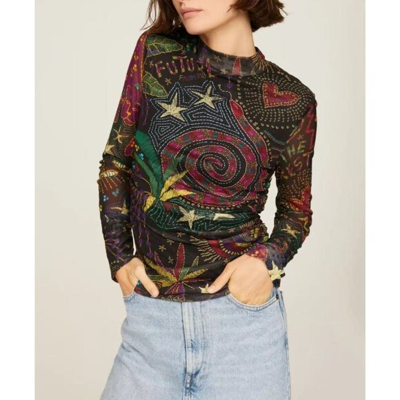 NWT FARM Rio Amazonia Print Tulle Mesh Cinched Long Sleeve Blouse M Multicolor - Picture 1 of 16